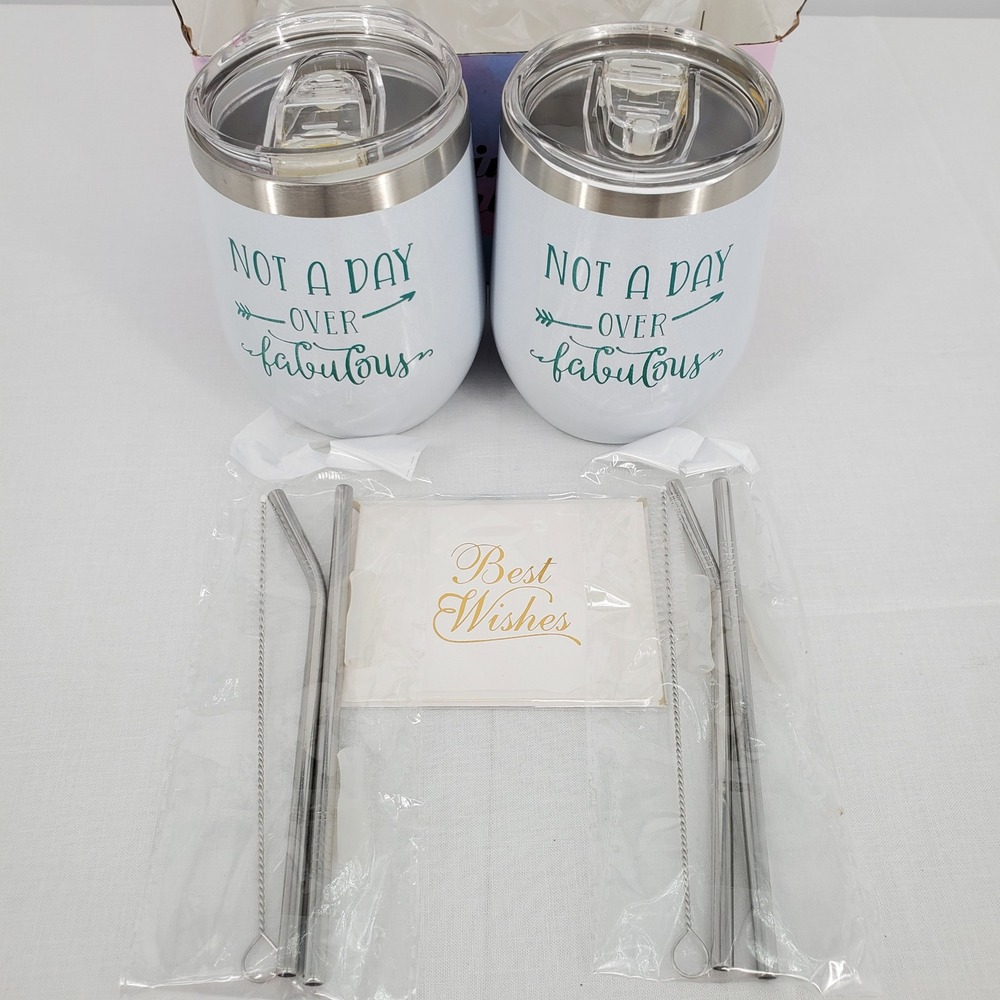 White Insulated Wine Tumblers Not A Day Over Fabulous with Lids Straws Gift‎ Box